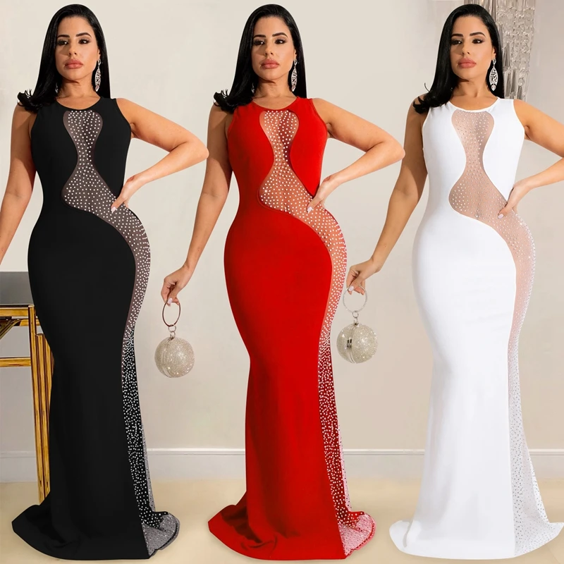 Przezroczysta siateczka Patchwork świecący Rhinestone Bodycon Maxi sukienka kobiety elegancka czerwona Backless ślubna noc klub długa seksowna sukienka