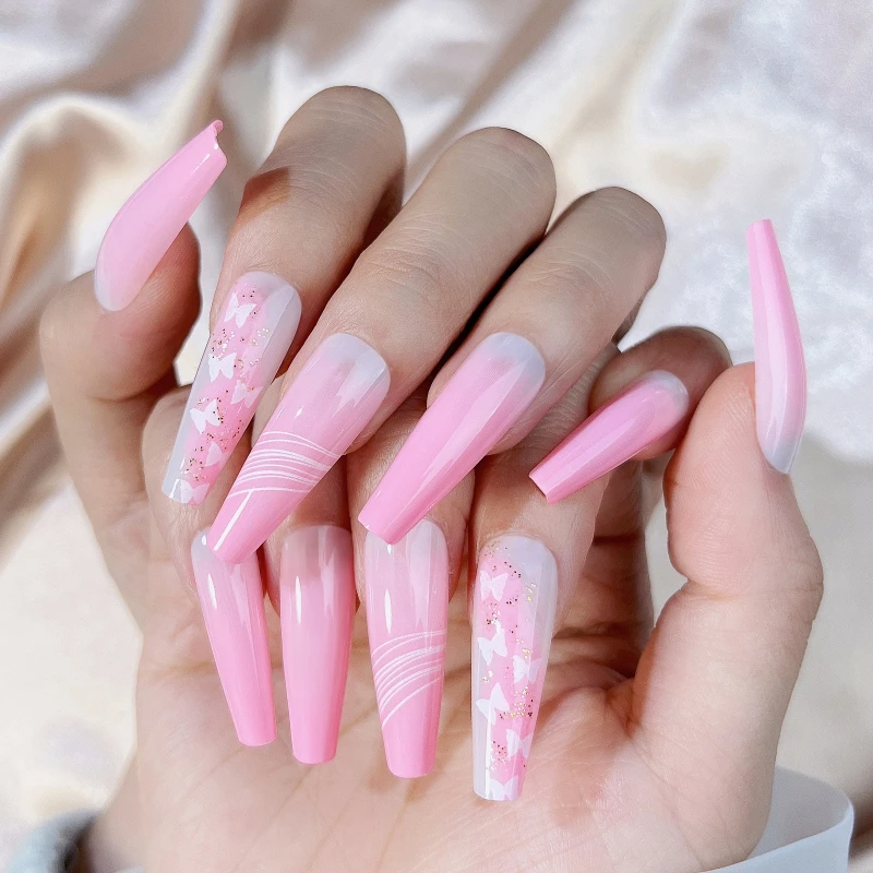 Popular Manicure Marble Pattern Pink Extra Long Trapezoidal Ballet Nail False Nail Sheet Nail Patch