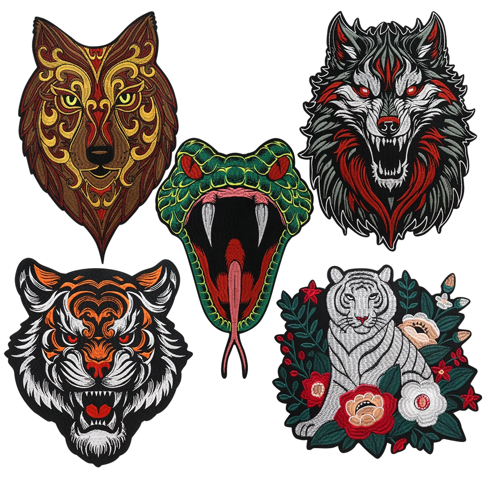 Roaring Tiger Head Patches Embroidery Wolf Snake Foxes for Jacket, Jeans, Backpack Apparel Iron on Accessory