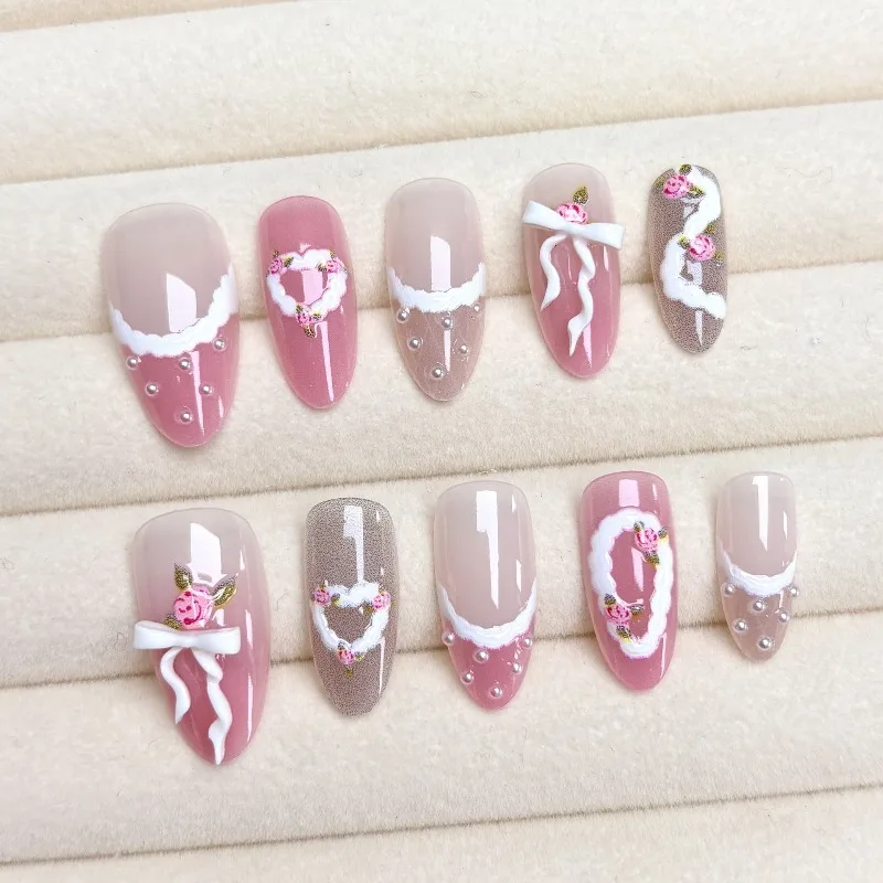 

24PCS Almond Press on Nails Romantic Pink High End Ins Bow Pearl Rose Design Fake Nails Y2K Millennium Cute Sweet Nail Art 일본네일