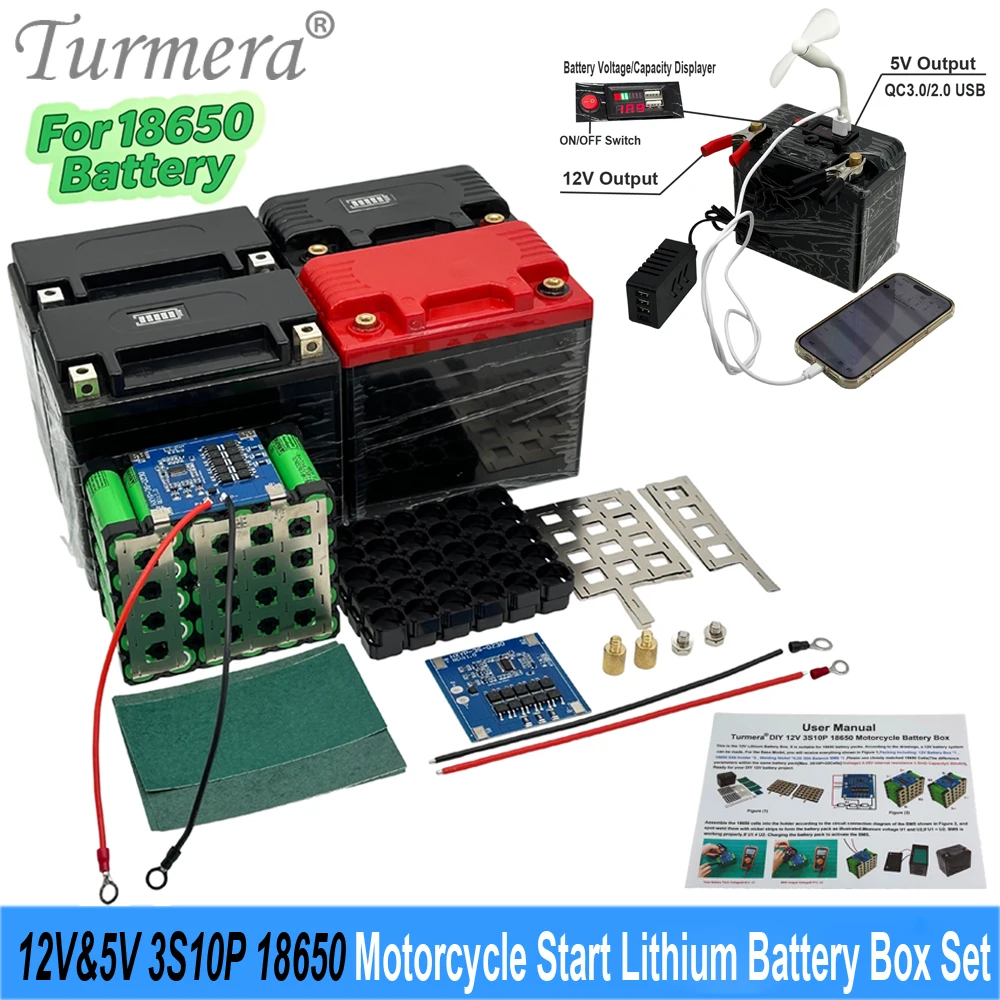12V Battery Box 3S10P 18650 Battery Holder Nickel 30A Balance BMS with NTC for Motorcycle Start Battery Replace 12V Lead‑acid