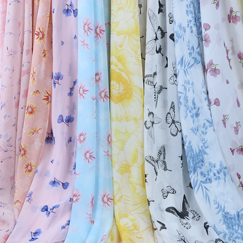 150X45cm Chiffon Printed 75D Fabric Spring Summer Flowers Little Fresh Style Soft Thin DIY Sewing Swing Dress Long Skirt Fabric