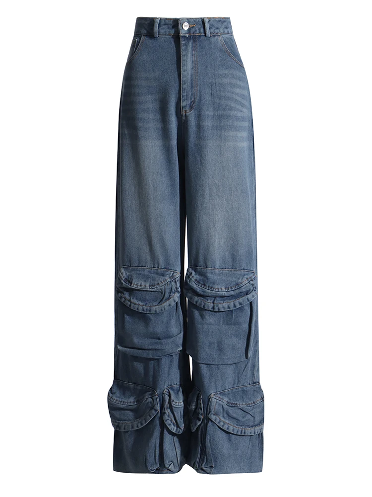 Pantalones Cargo de mezclilla para mujer, ropa de calle de cintura alta, bolsillos de retazos, pantalones sueltos de Color impactante, pantalones largos de pierna ancha, moda femenina