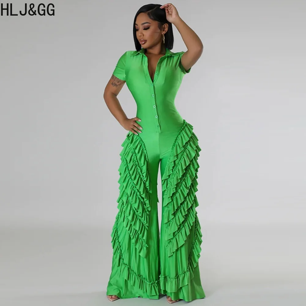 HLJ&GG Spring New Tassels Ruffle Design Bodycon Jumpsuits Women Deep V Short Sleeve Slim Rompers Fashion Female Ruched Overalls