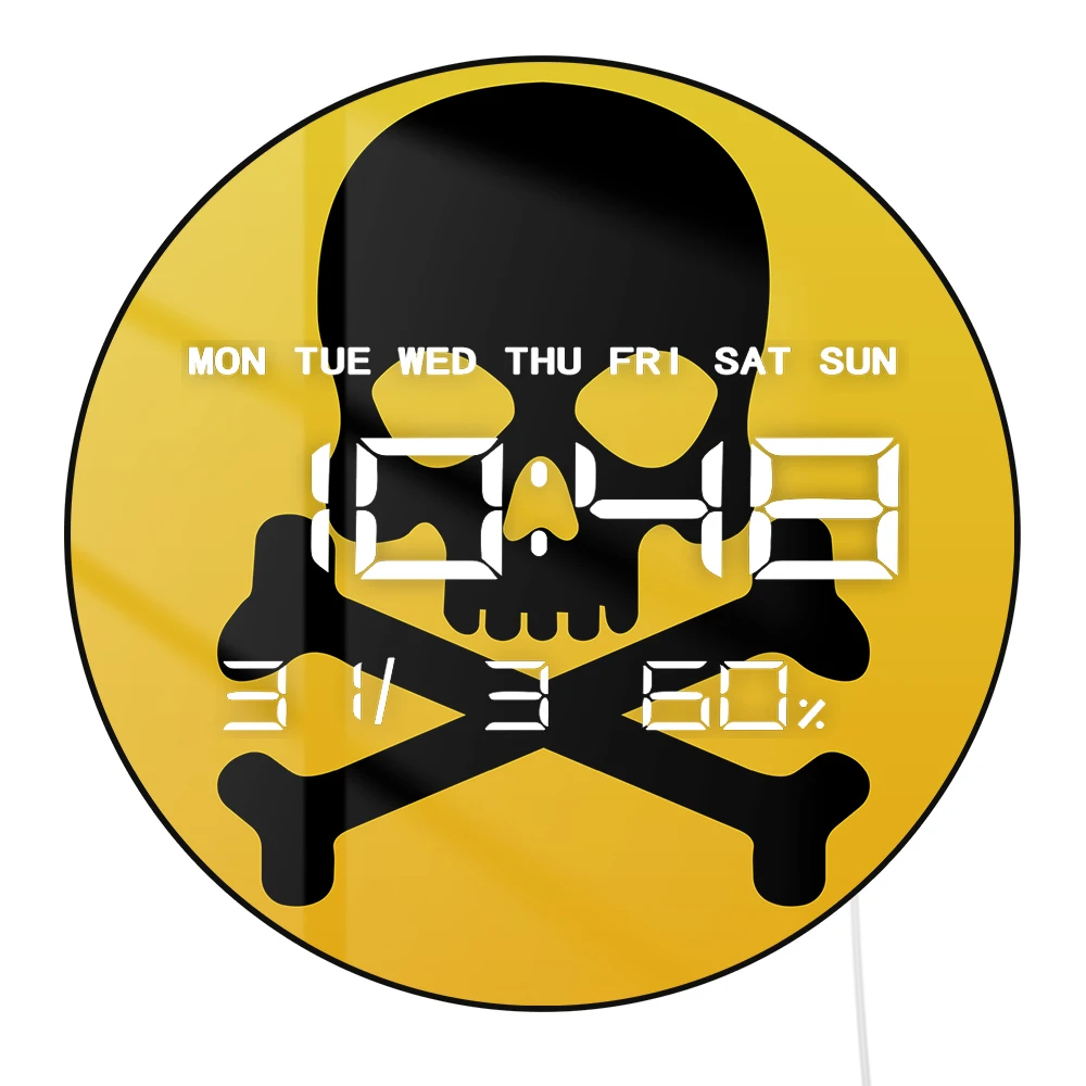 Danger Skull Toxic Sign LED Digital Wall Clock with Calendar Timer Date Temperature Industrial Home Decor Electronic Wall Clock