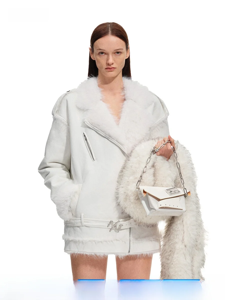 

NAWS Polar Synthetic Fur Jaet Eco-Friendly Fur Collar PU Leather Fur Inteated Fur Coat Casual Sle Long Sve Zipper