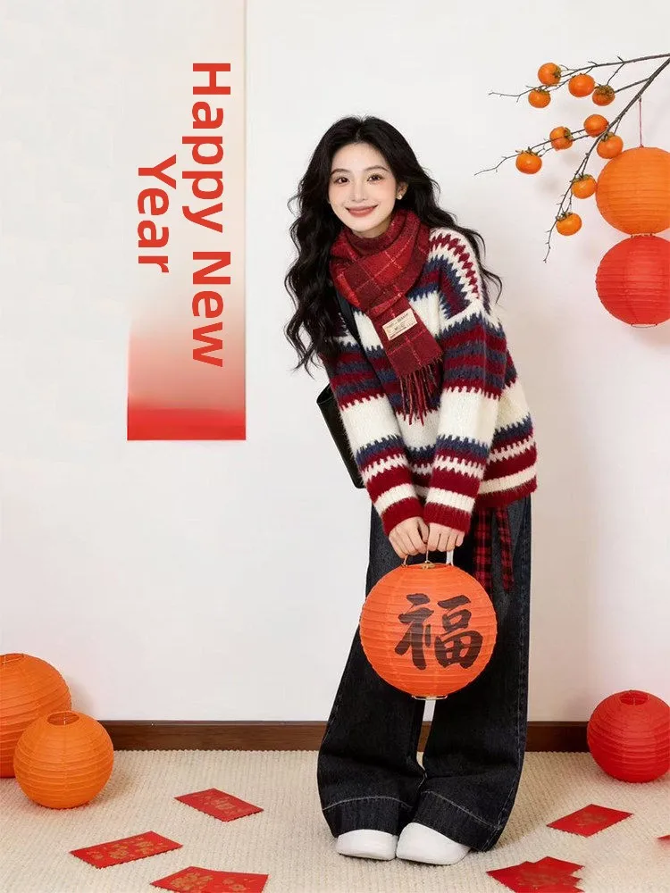 

Autumn Winter Aosphere round Ne Knitwear Wide Leg Jeans Set Women's Faion Vintage Fair Isle Stripe Color Blo Outfit