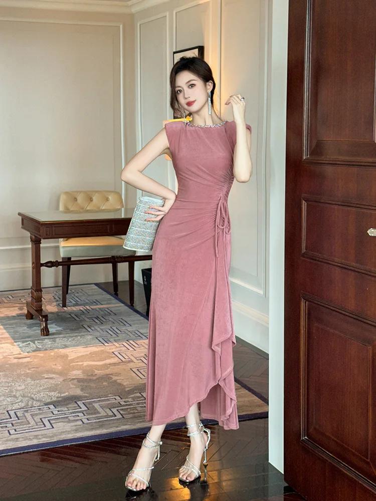 A-Leibniz - Summer, New Style, French Style, Elegant, Drawstring Pleats, Slim Fit, Irregular, Knitted Dress