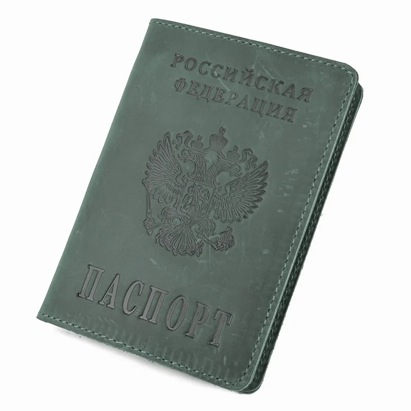 Green Retro Genuine Leather Russia Passport Cover Wallet Men Women Travel Passport Holder Protective Case Cowhide Leather