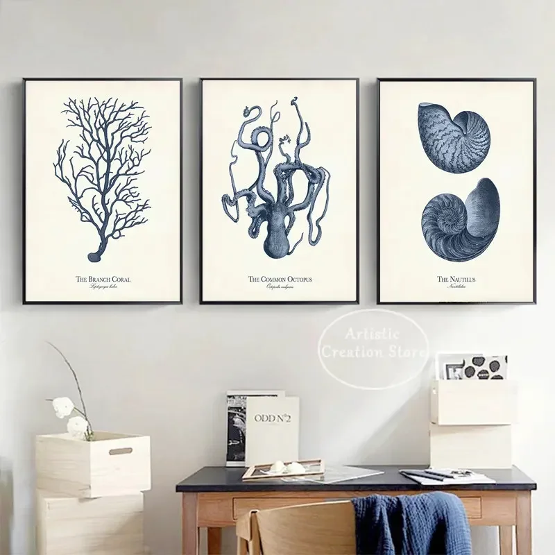 Vintage Sea Life Illustrations Canvas Poster Aquatic Creatures Print Wall Picture for Nursery Navy Blue Beach Bedroom Home Decor