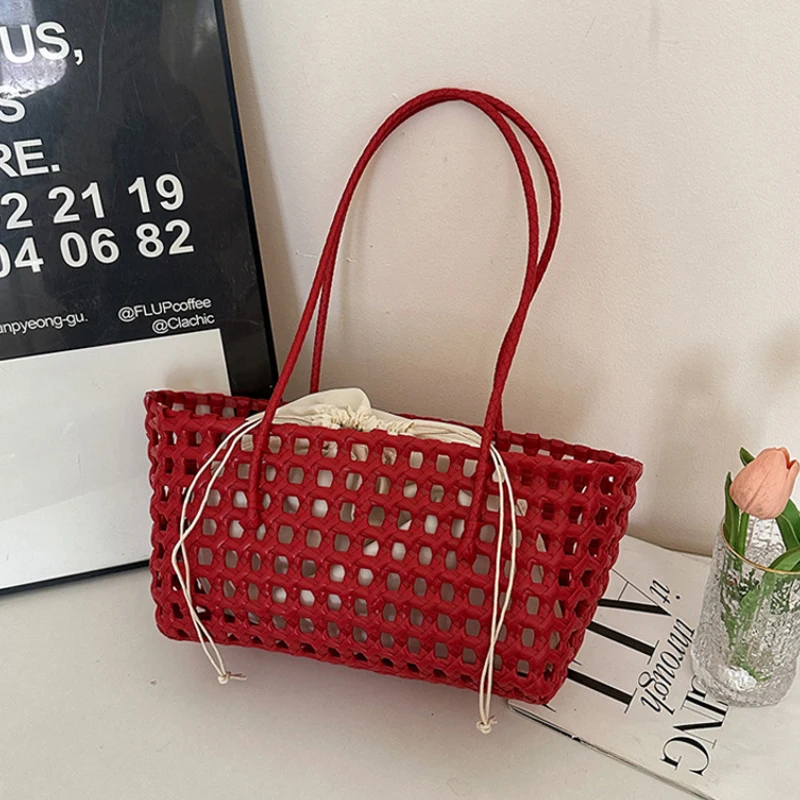 Tas Keranjang Anyaman Berongga Gaya Bohemian dengan Saku Dalam Tas Tangan Liburan Pantai Musim Panas Tas Bahu Wanita Minimalis Korea