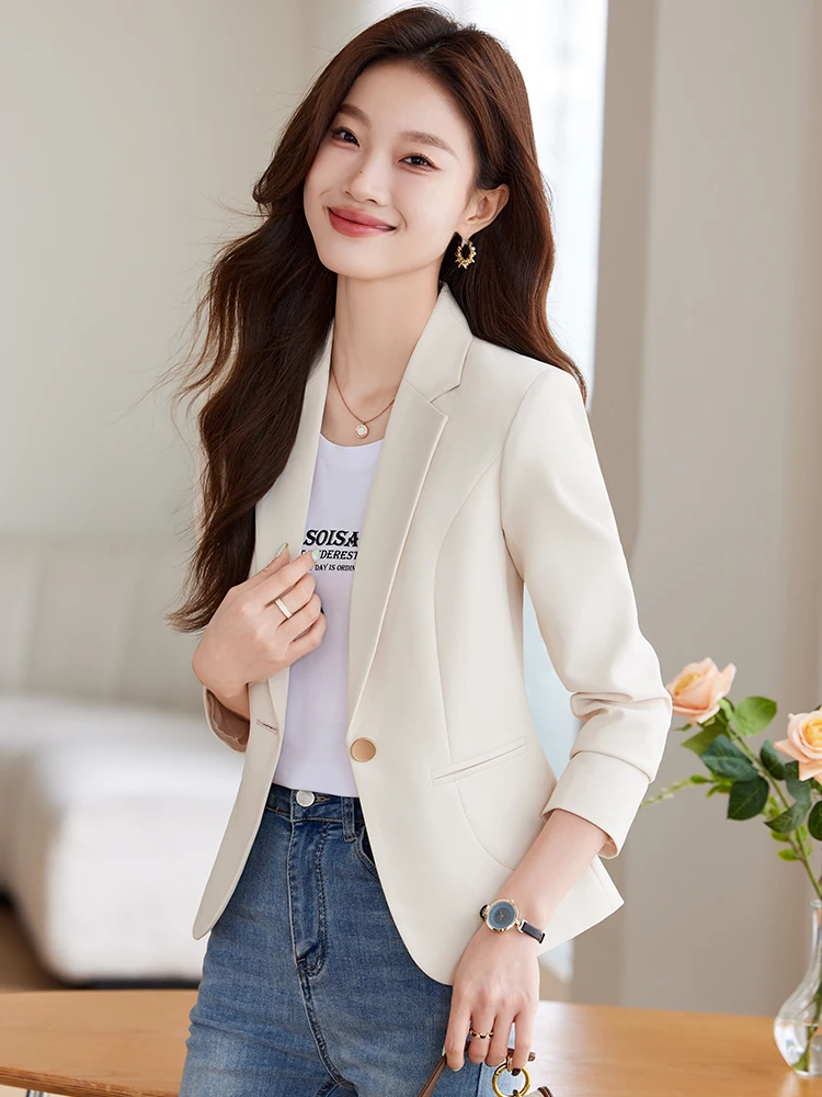 

Женский приталенный пиджак цвета сакуры, элегантный, высококачественный, весенний, новый стиль, для офиса, из полиэфирного волокна