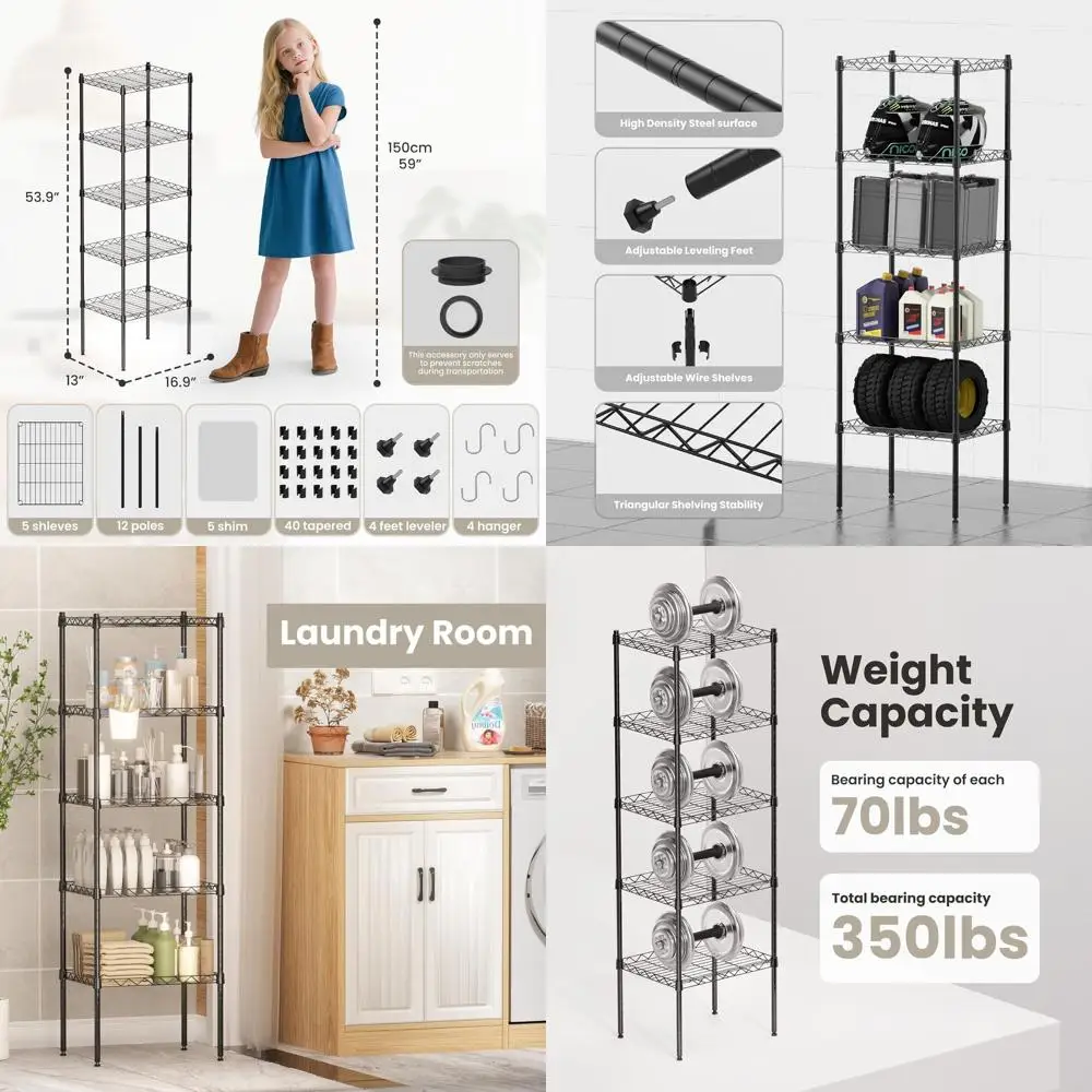 

5-уровневая металлическая универсальная стойка, регулируемые сверхмощные стеллажи, 16,9x13x53,9, черный органайзер для хранения для гаража, стирки, офиса