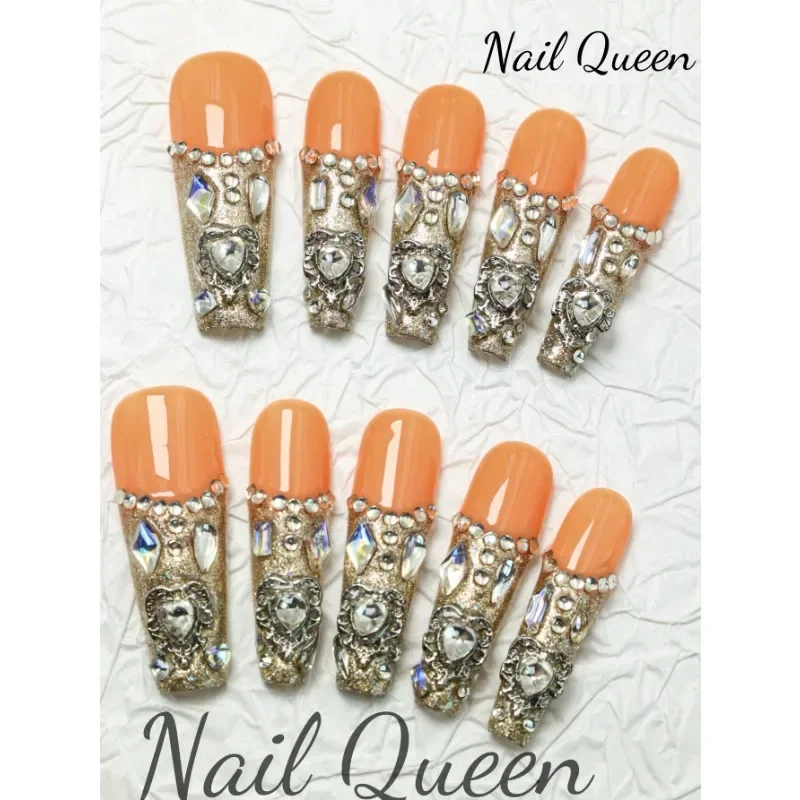 

10pcs Press on Nails Exclusive Design Orange Artistic Pure Handmade Fake Nails Y2k Long Ballet Style Date Party Party Must-have