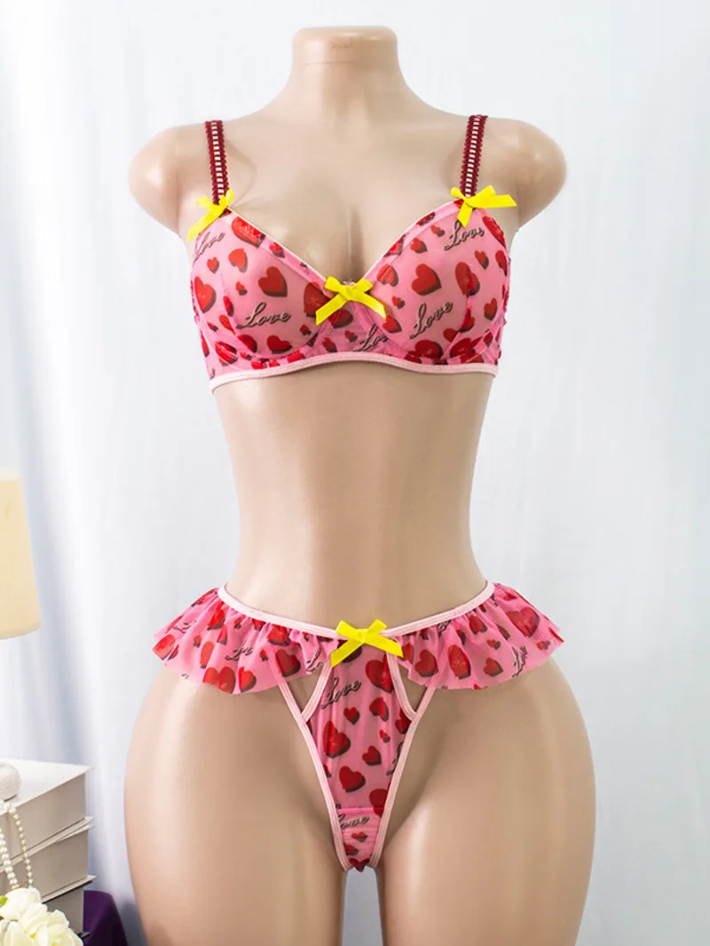 

Sexy Backless Bikini Playful Fresh Girl Heart Print Two-Piece Bowknot Backless Deep V Suspenders Sleeveless Bikini Charming 9RV7