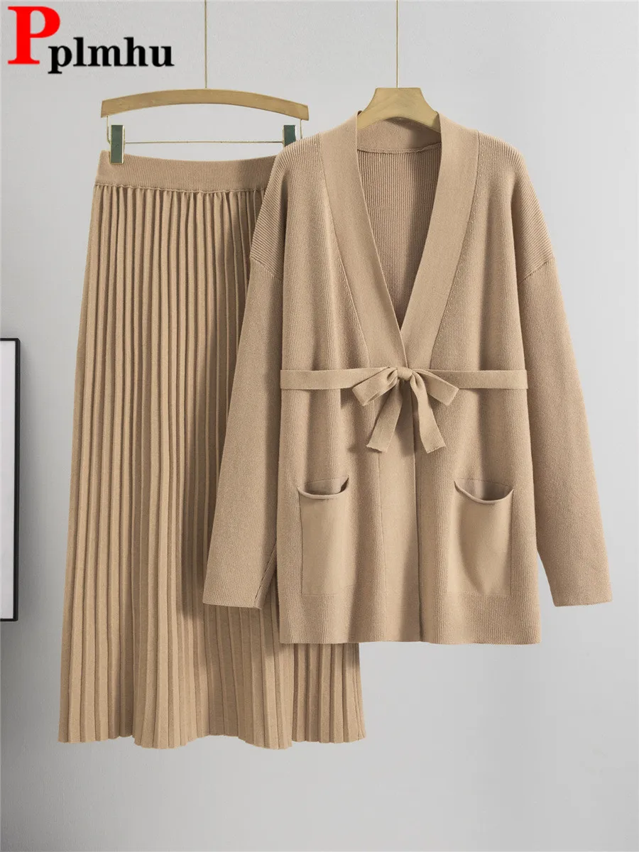 

Elegant Design Loose Knitted 2 Piece Sets Women Knitwears New Sweater Cardigan Tops Conjuntos High Waist A-lined Skirts Outfit