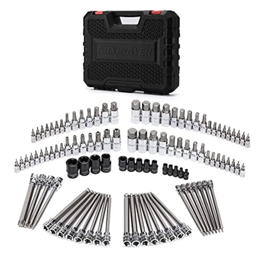 

107 Piece 1/4 Inch 3/8 Inch and 1/2 Inch Drive Bit Socket Set Torx/Extra Long Torx/Tamper Proof/Hex/Ball End Hex SAE and Metric