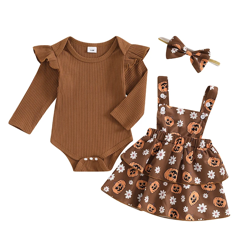 

Baby Girl Halloween Outfit Long Sleeve Ribbed Romper Pumpkin Print Layered Suspender Skirt Bow Headband 3 Piece Set