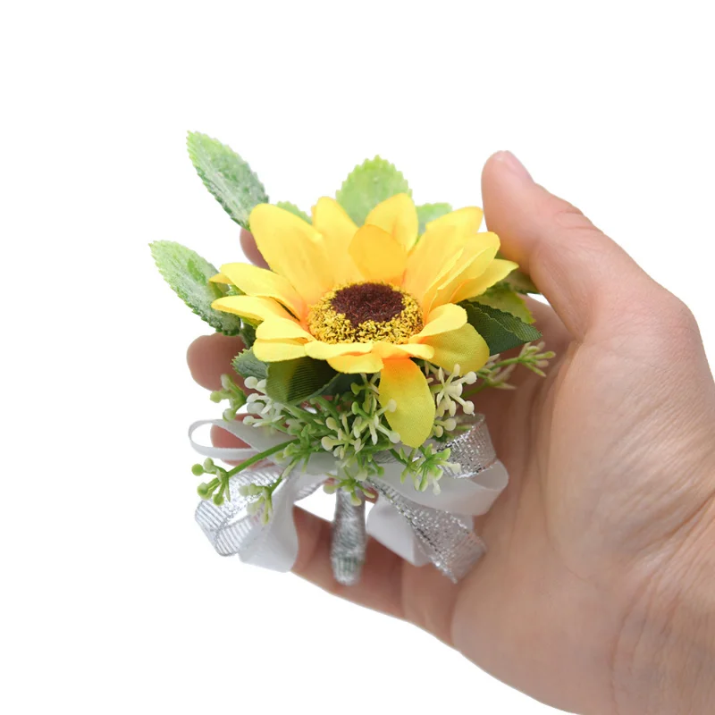 해바라기 인공 꽃 Boutonniere 남자 브로치 결혼 신랑 들러리 파티 웨딩 액세서리, 결혼식 신랑 들러리