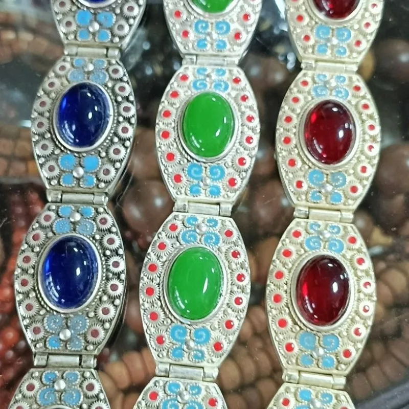 vintage-ancient-style-bracelet-inlaid-red-green-blue-gem-cabochon-retro-wrist-jewelry