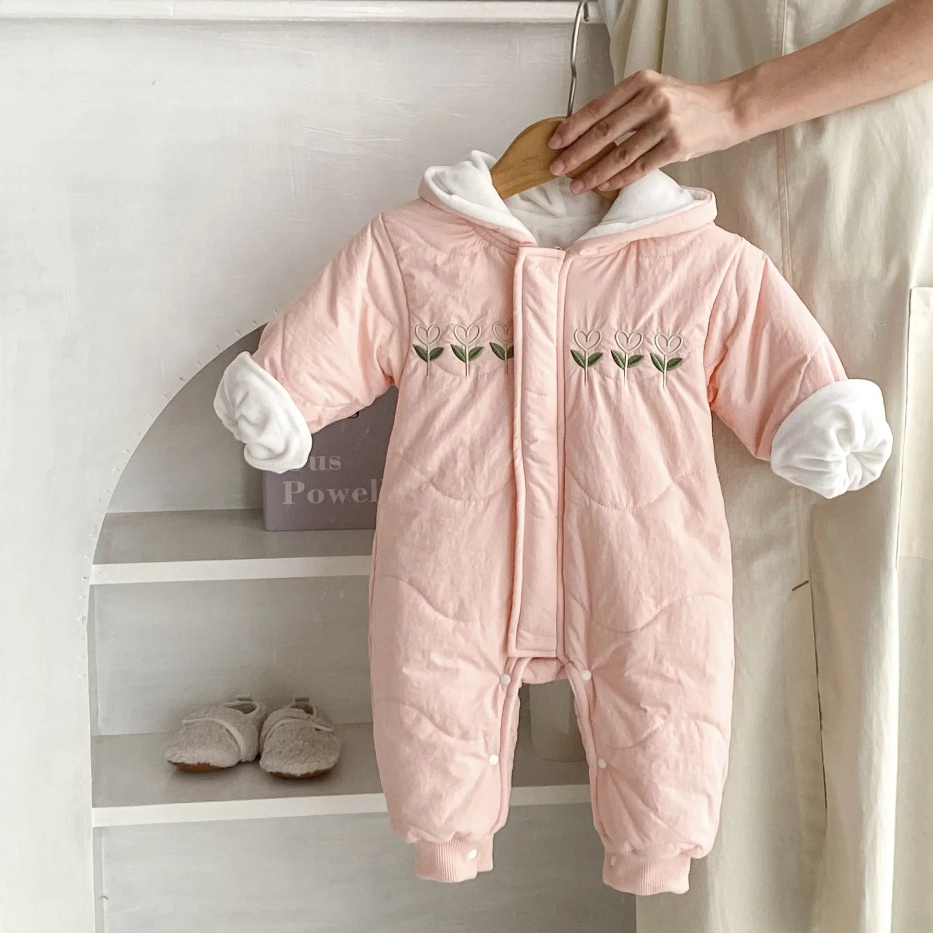 

Baby Winter Clothes 2023 Warm Flower Embroidered Hooded Long Jumpsuit Baby Girls Casual Simple Warm Sweet Cute Kids Romper