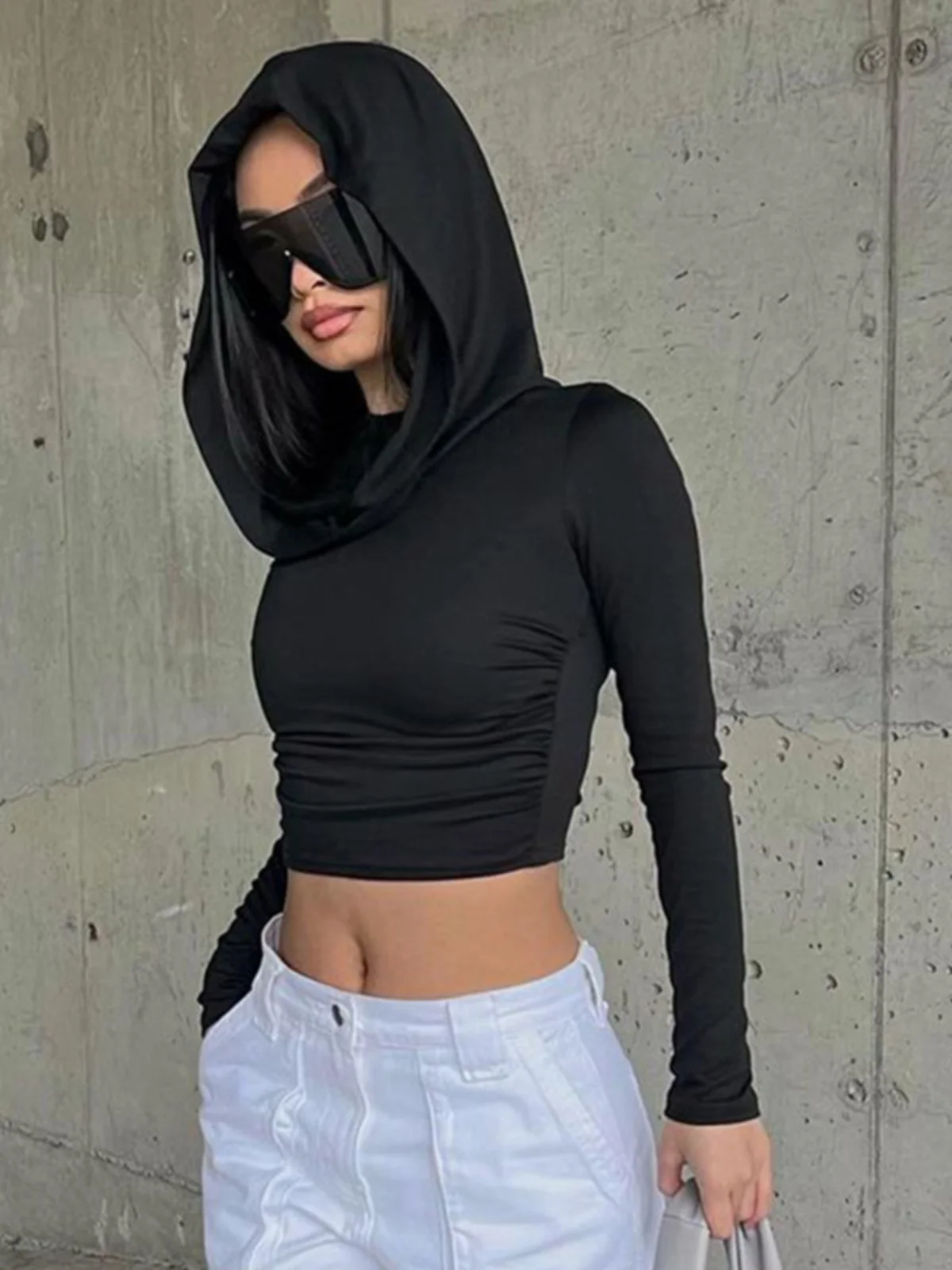 여성용 롱 슬리브 티셔츠 단색 베이스 레이어 원숄더 네 디자인 모자 내구성 폴리에스터 출퇴근용 슬림 가을 상의