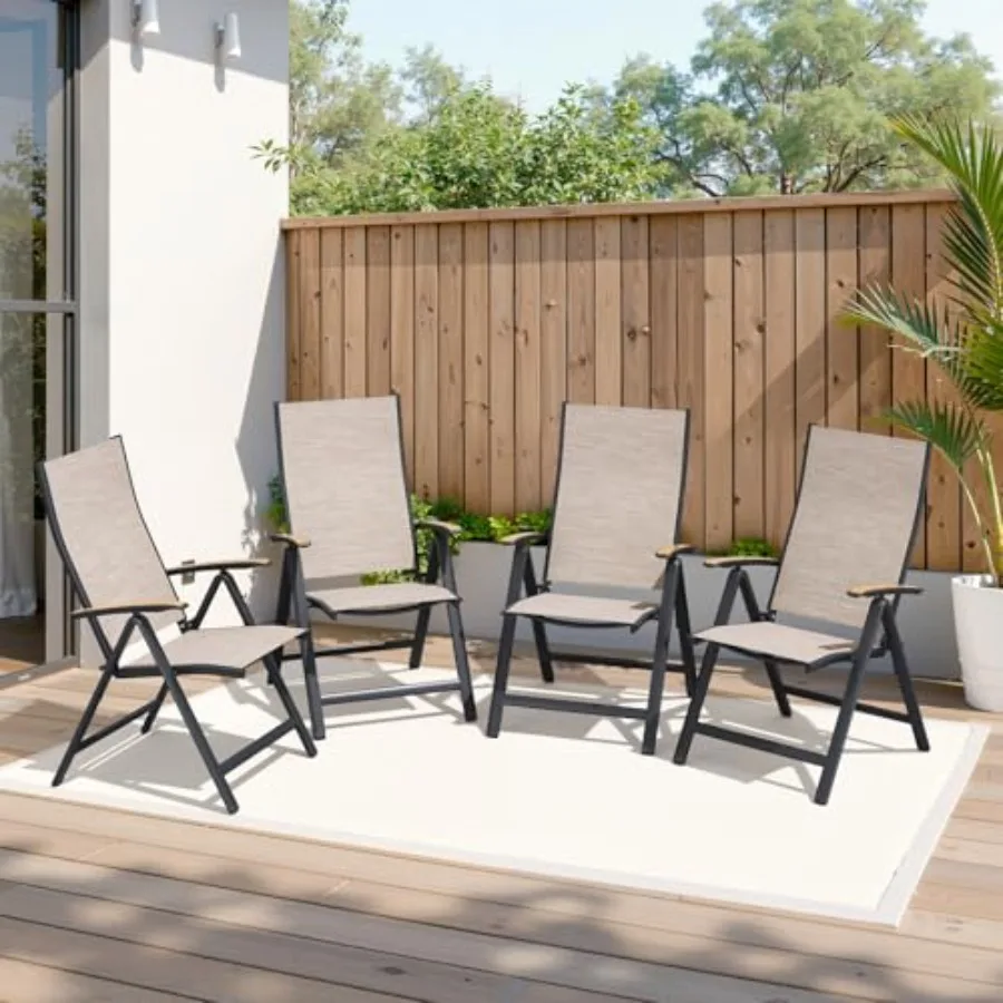 Folding Patio Chairs Set of 4, 8-Level Adjustable Outdoor Recliner Chairs with Teak Armrest Aluminium Frame for Pool, Backyard,