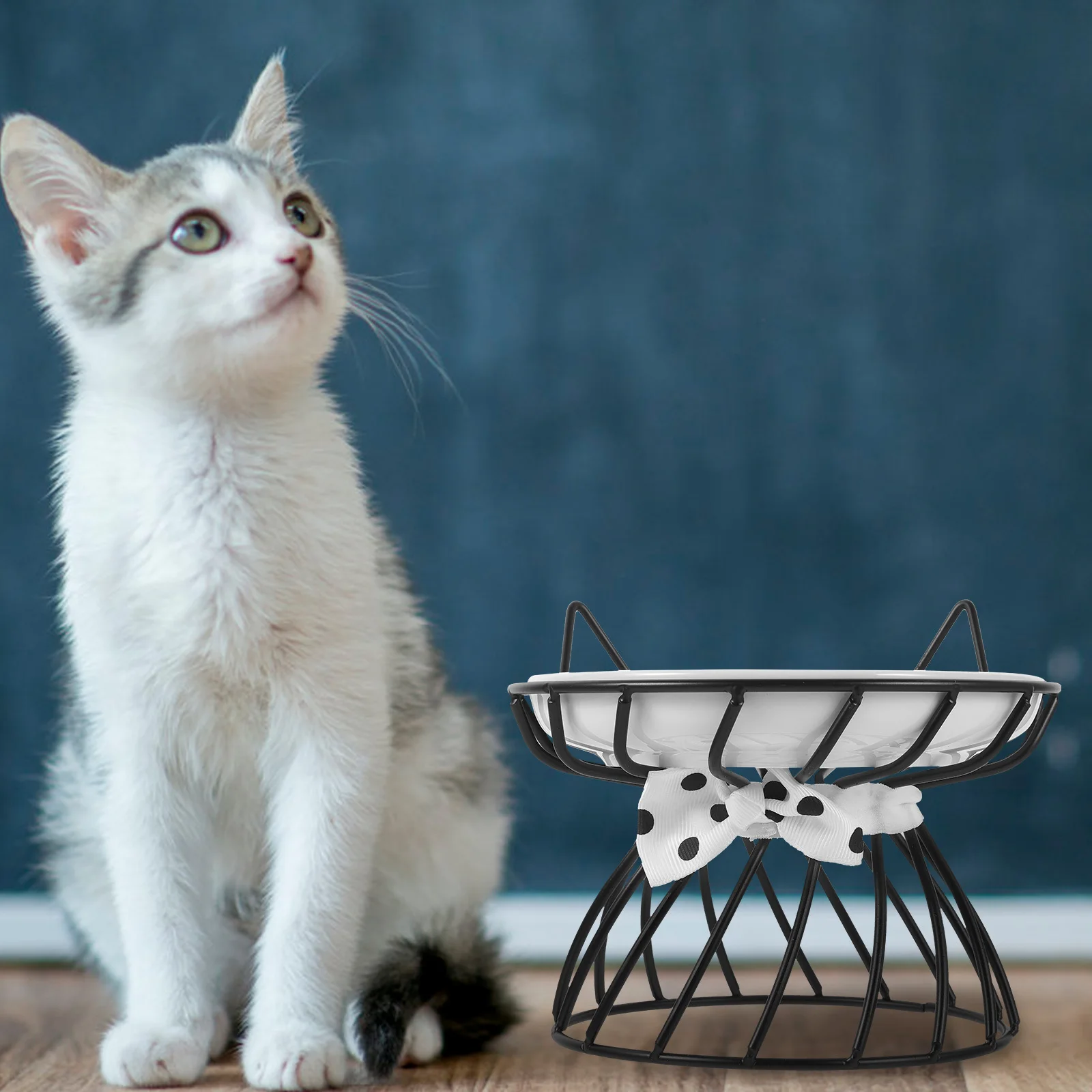 

Elevated Cat Bowl with Metal Stand Ceramic Food Plate Anti-Spill Raised Cat Food Dish for Comfortable Indoor Feeding