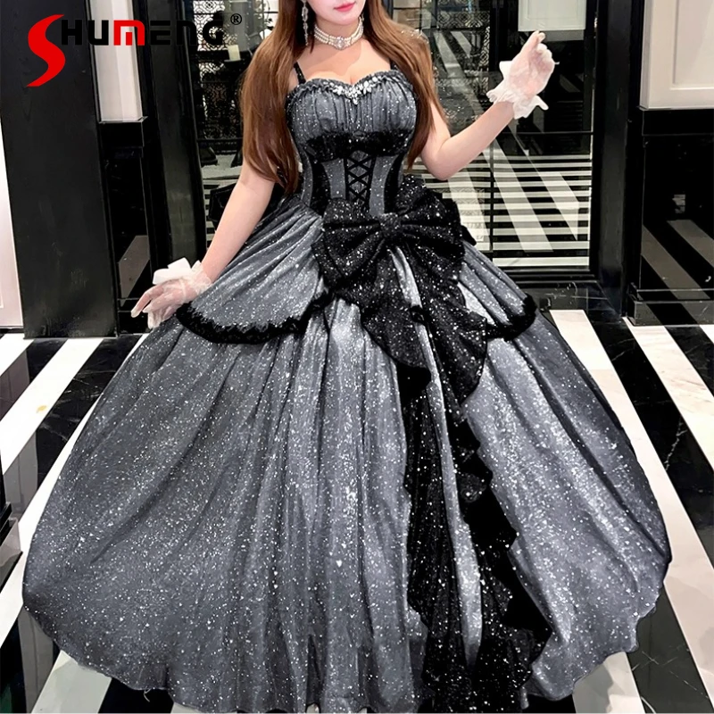 

Princess Style Long Birthday Party Dresses Women's High Waist Slimming Elegant Sweet Big Bow Maxi Dress Lady Shiny Sling Dress
