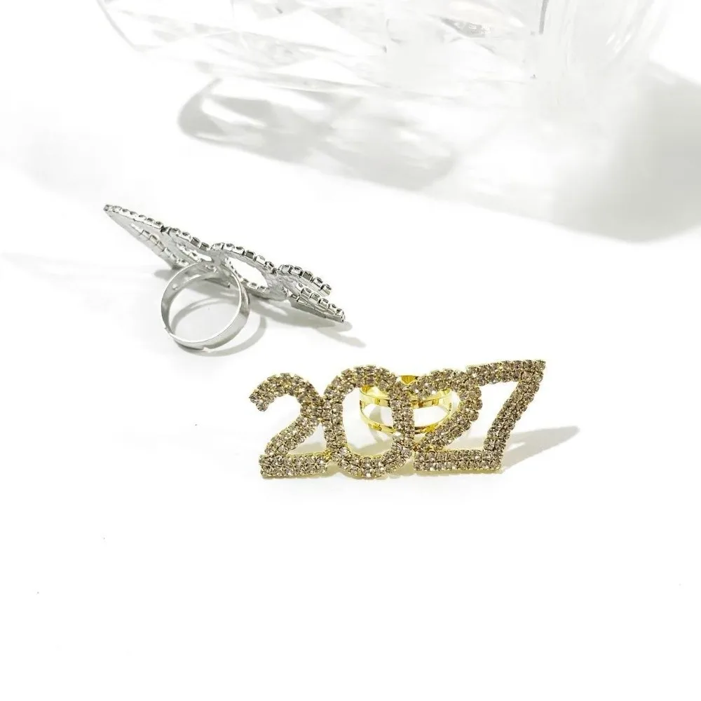 Light Luxury 2027 Number Open Ring Exaggerated Stylish Elegant Rhinestone Ring Simple Shiny 2027 Digital Finger Ring