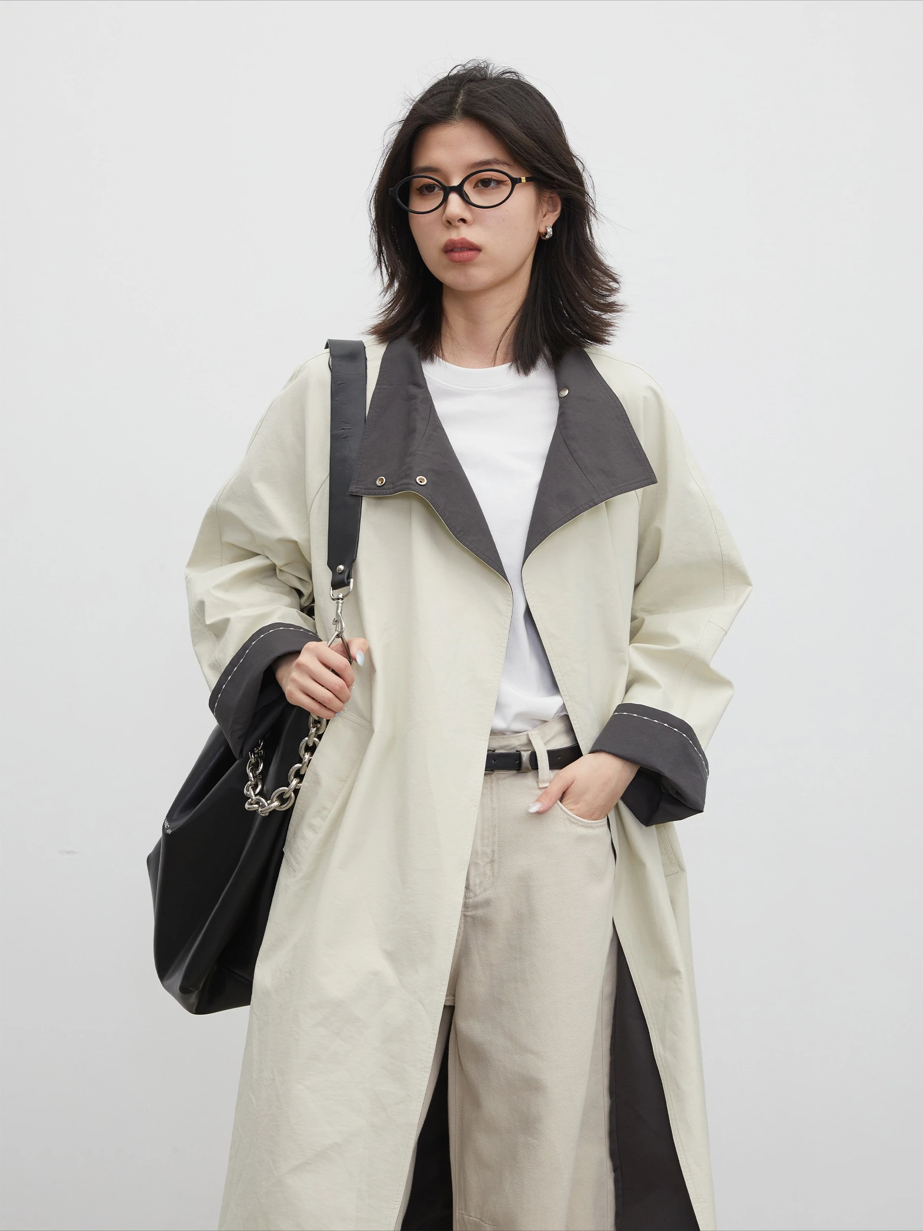 CHIC VEN Women Trench Coats Fashion Casual Contrast Stand Up Collar Loose Long Coat with Belt Female Clothes Spring Autumn 2026