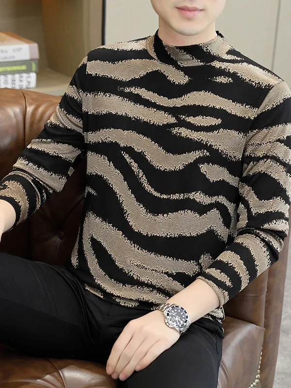 

Leopard Print Long Sve T-irt Men's f High Collar Base irt Faionable Slim Fit Inner Wear Autumn irt Men