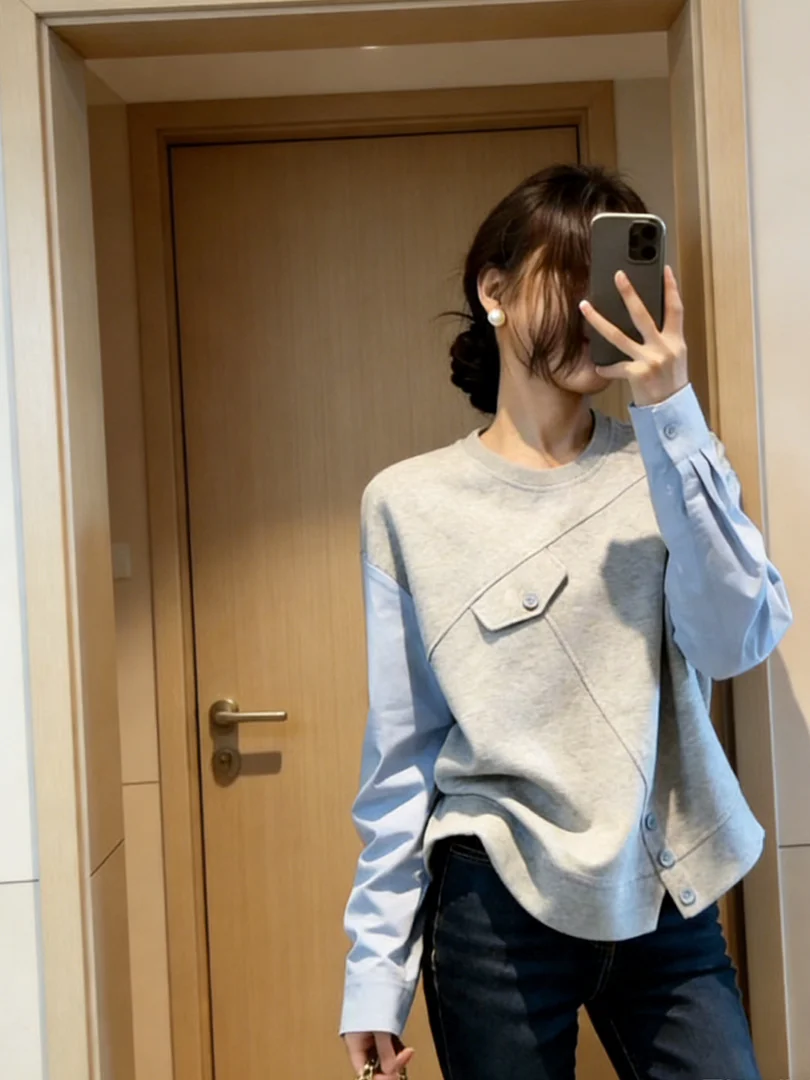 

Korean Style Fake Two-Piece Hoodie Women's Spring Grey Long Sleeve Top Commute Age-Defying Unique Beautiful Fashionable