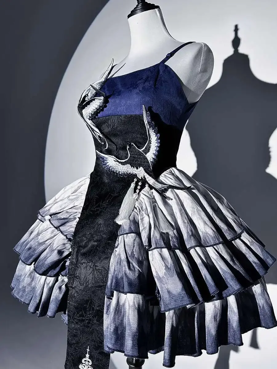 

Платье Лолиты для девочек, оригинальное новое синее платье с перьями и птицами, комплект Лолиты в китайском стиле