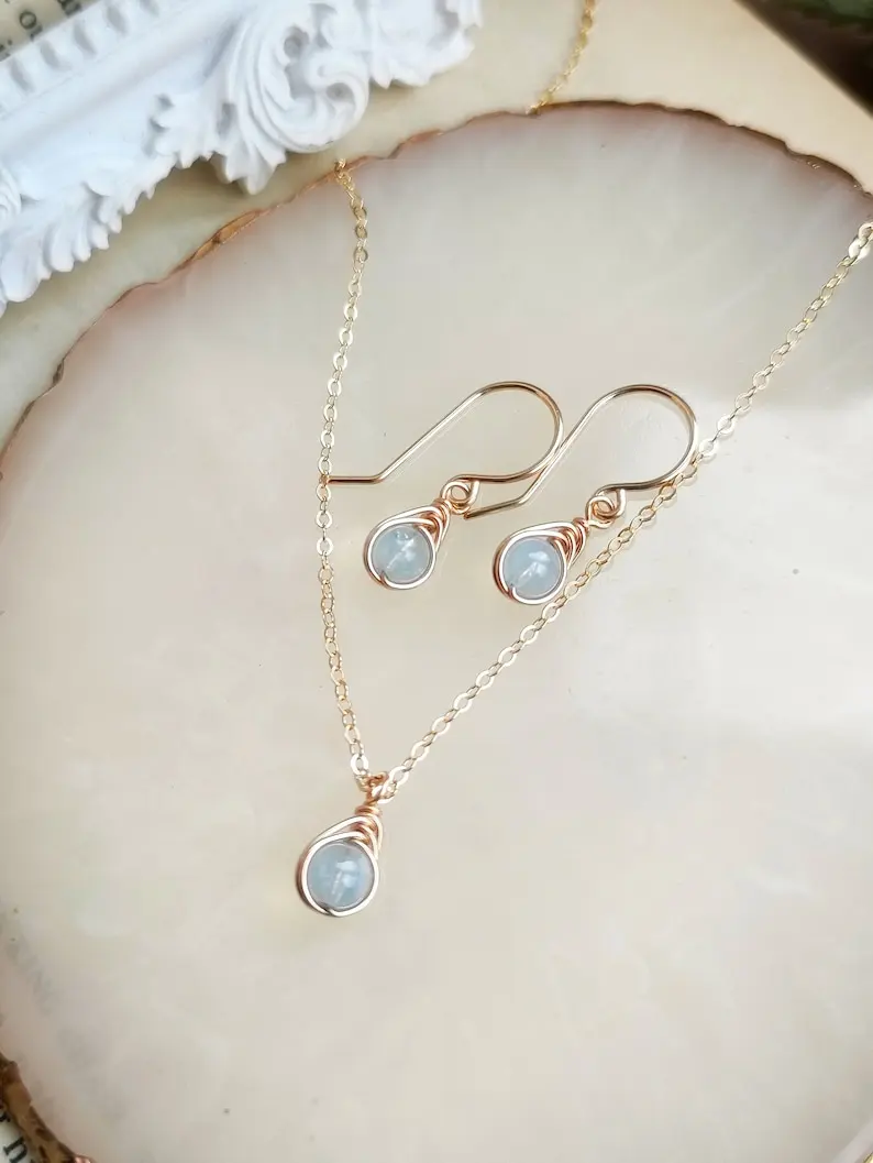 Exquisite aquamarine jewelry set, earrings and necklace set, 14K gold filling, March birthday stone gift