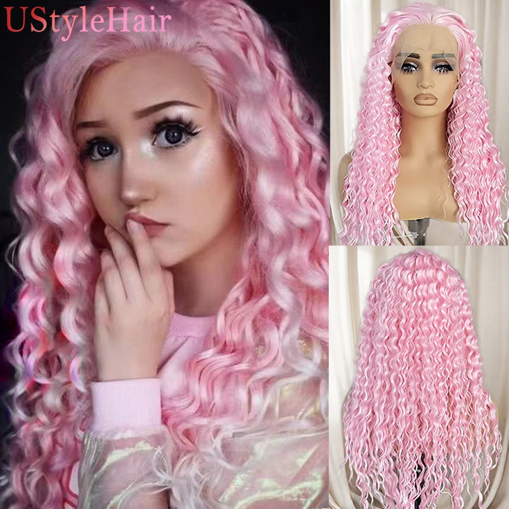 

UStyleHair Pink Curly Wigs for Women Long Synthetic Hair Heat Resistant Lace Front Wig Daily Used Cosplay Wig Natural Hairline