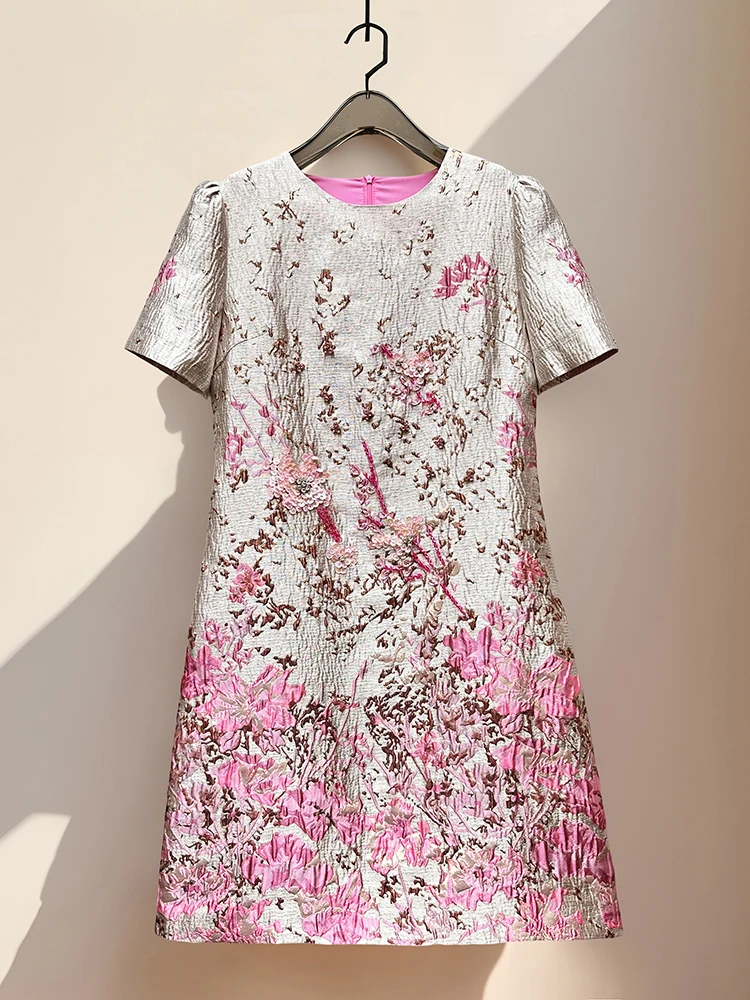 2026 Women Color Block Beaded Sequin A-Line Dress Short Sleeve Round Neck Slim Fit Elegant Summer Ladies Fashion Dress