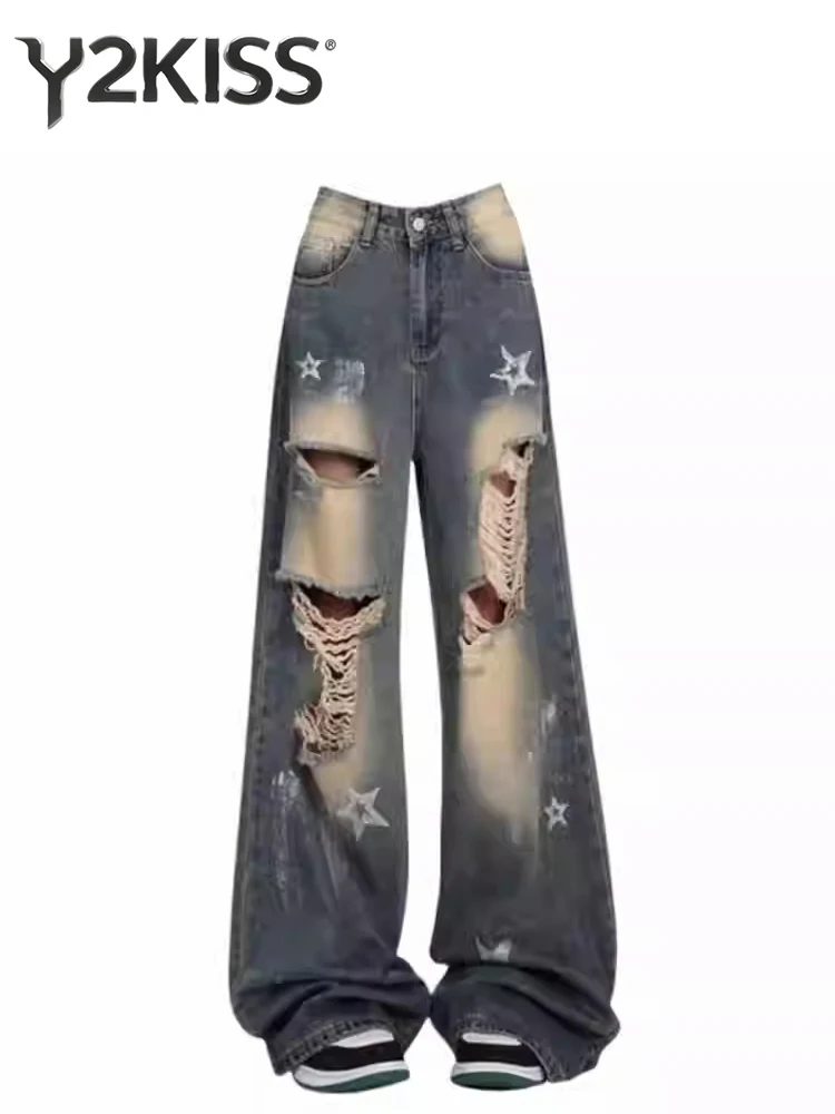 

Women's Jean Baggy Ripped Denim Pants Abi Y2K American Retro Hole Wide Fit Designer Cowboy Japanese Harajuku Long Trousers Punk