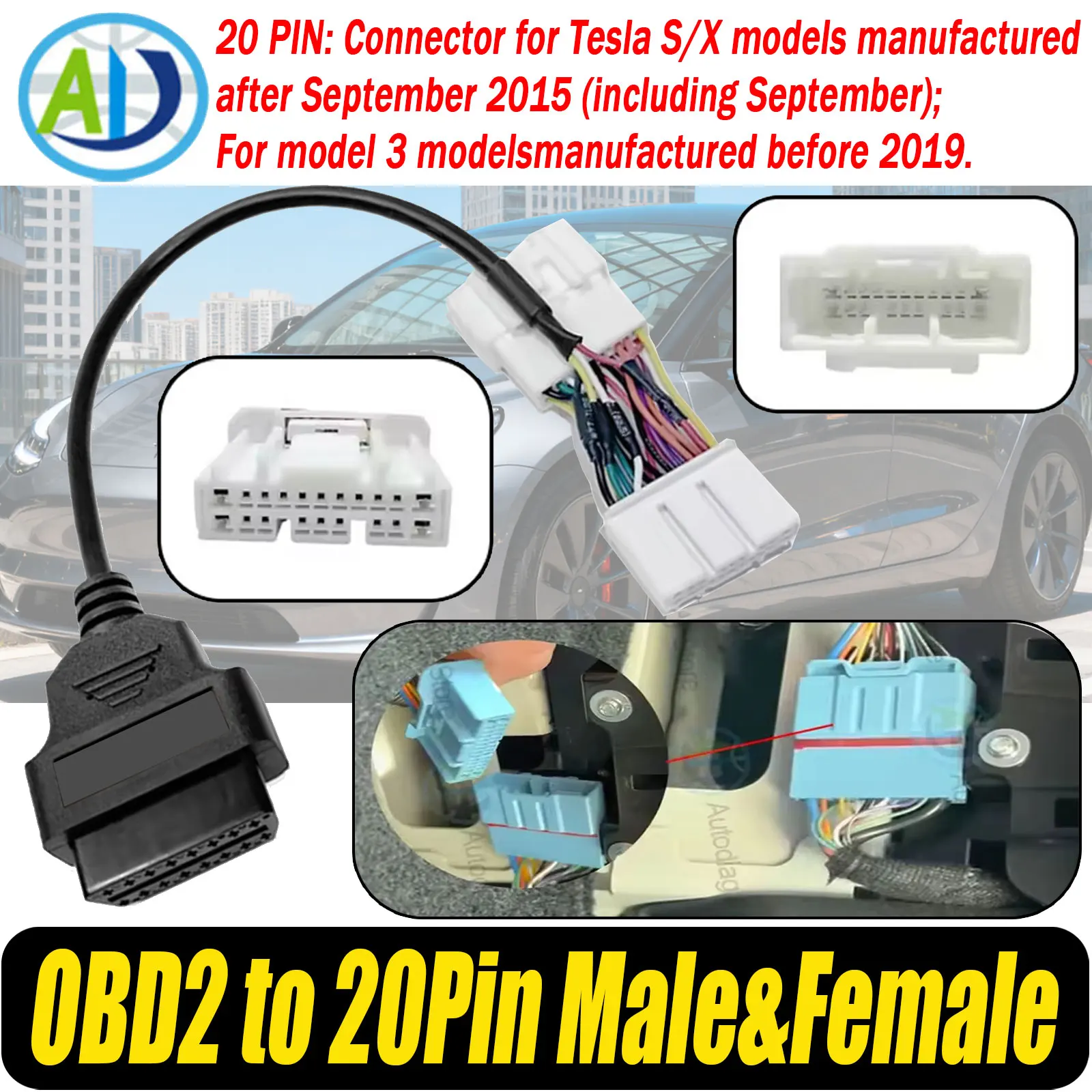 20pin Male/Female to OBD For Tesla Model S/X 20pin to OBD for Tesla Model 3/Y Before Jan 2019 For X431 OBD2 Diagnostic Adapter