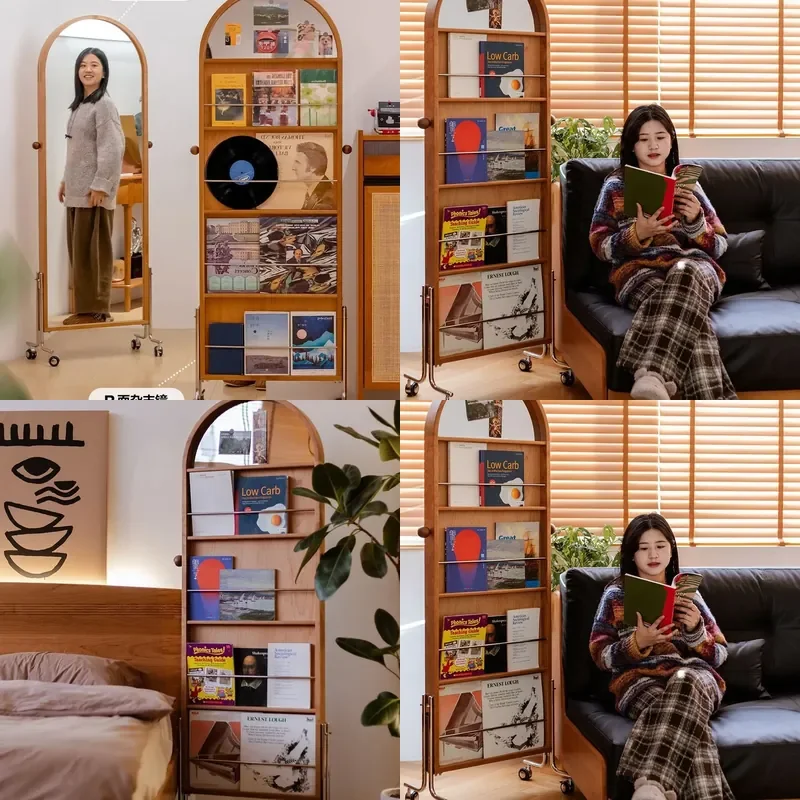 For Medieval Rotating Full Length Mirror Cherry Wood Floor Standing Magazine Rack Home Fitting Dressing Mirror with Storage