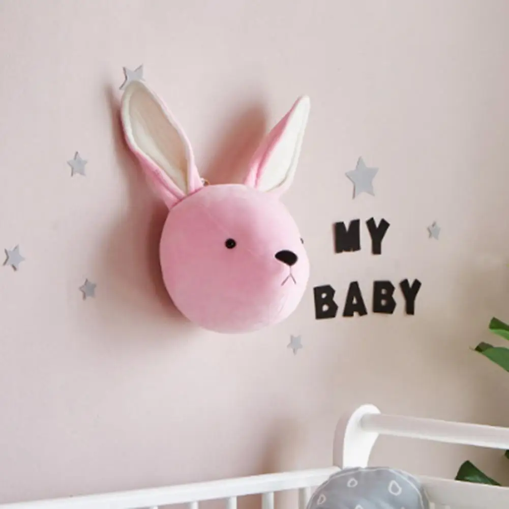 Decoración de guardería con temática de animales, cabeza de felpa suave, decoración de montaje en pared para habitación de guardería, elefante, conejo, oso, ciervo, cabezas de felpa 3d para pared