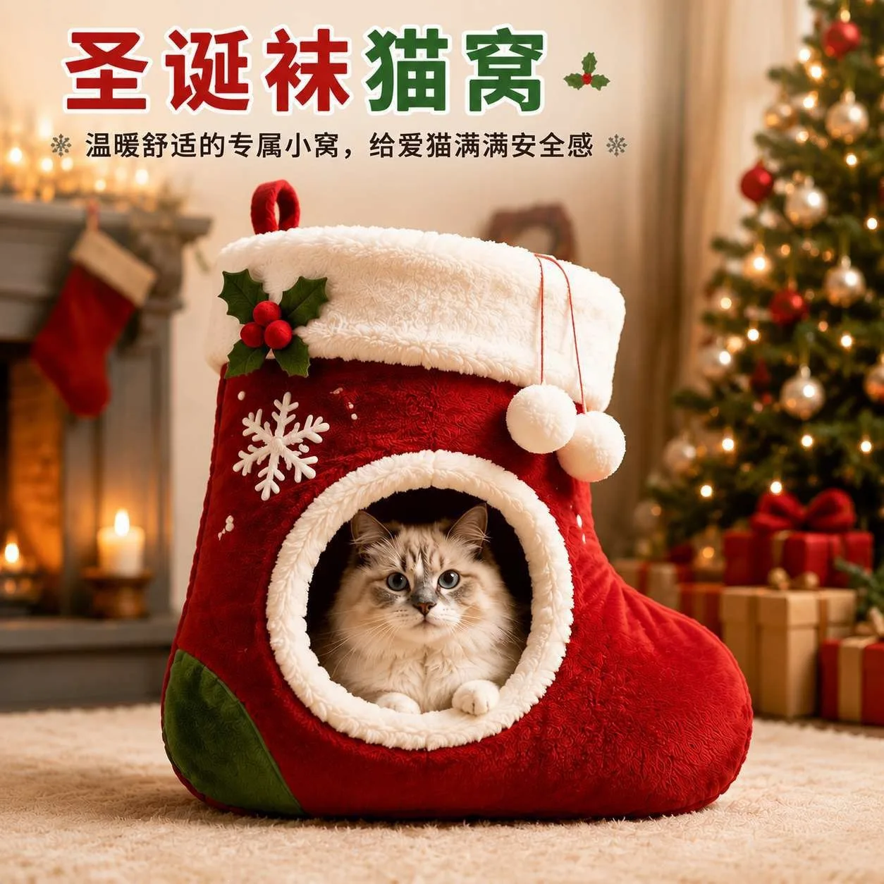 Christmas Stocking Shape Cat Bed Warm Plush Pet Cave House Winter Sleeping Nest for Small Cats Kittens