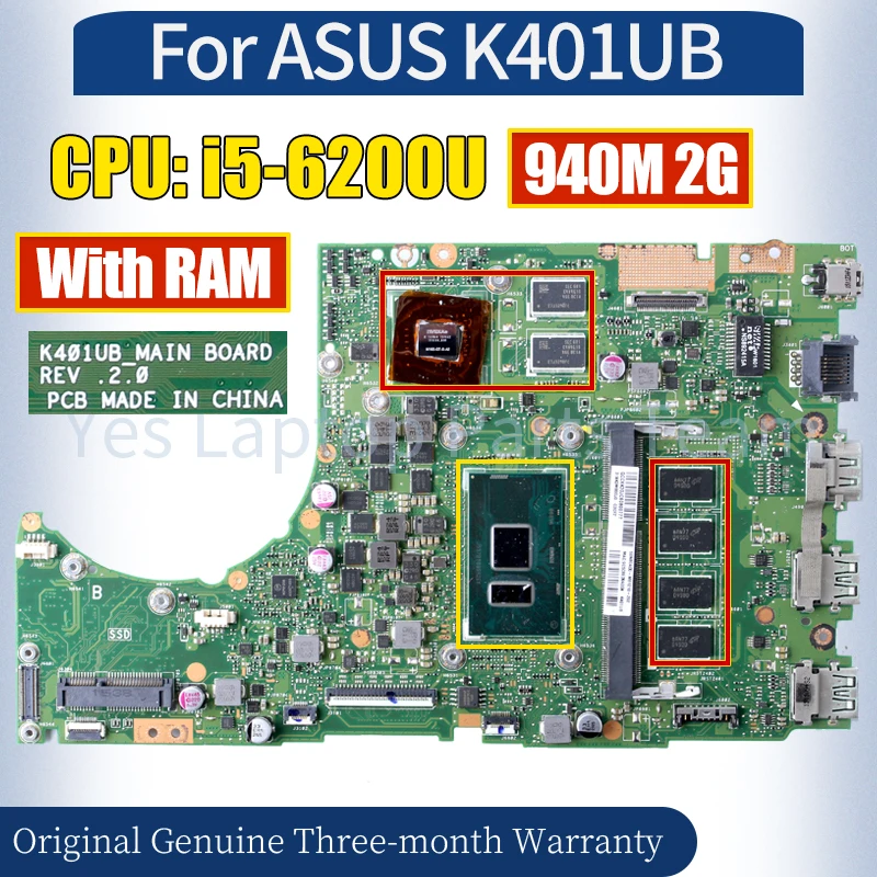 

REV.2.0 For ASUS K401UB Laptop Mainboard i5-6200U 940M 2G With RAM 60NB0AD0-MB1210 100％ Tested Notebook Motherboard