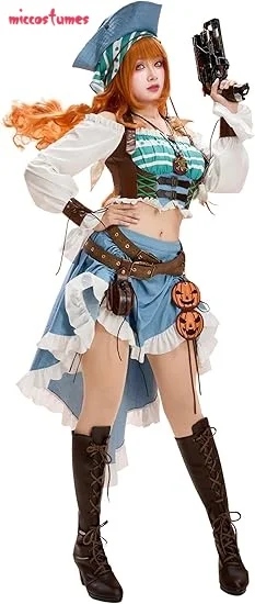 

Miccostumes Women's Nami Cosplay Costume Halloween Pirate Costume Top and Skirt with Hat Cosplay Costume
