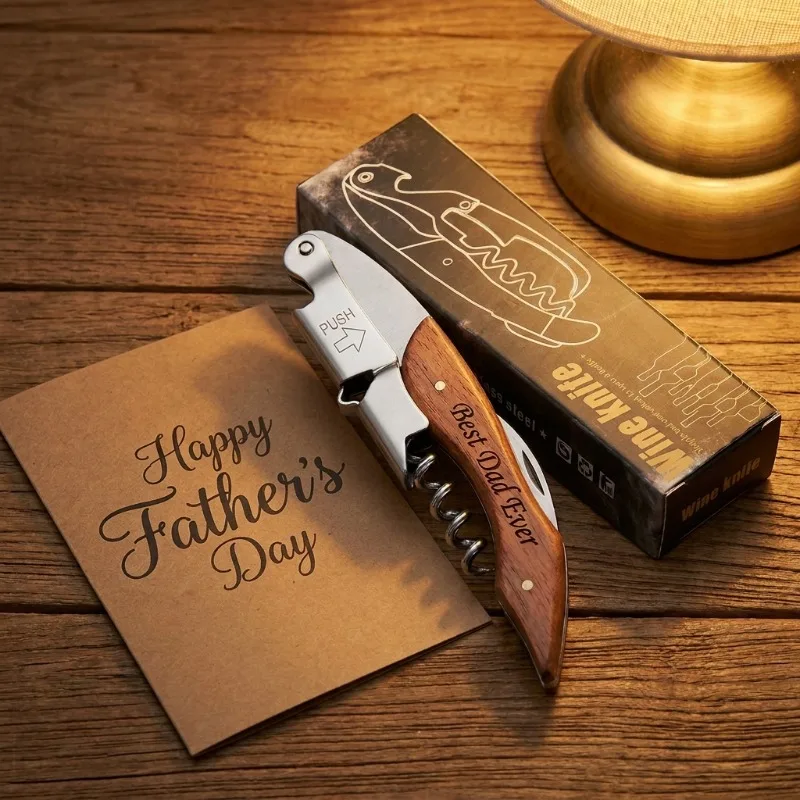 Wood Handle Multifunction Corkscrew Wine Beer Opener Portable Screw Corkscrew Foil Cutter Bar Custom Logo Father's Day Gift