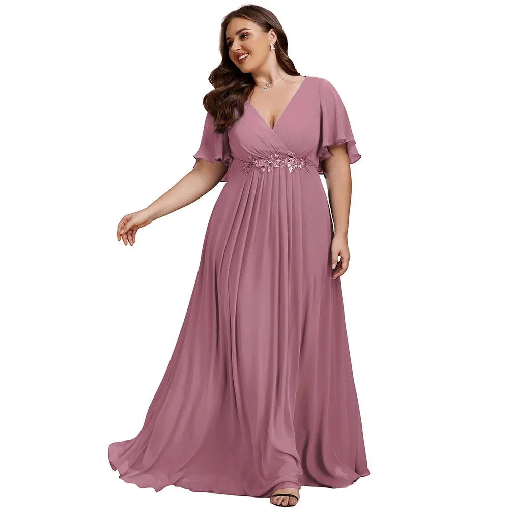 

Exquisite Chiffon V Neck Short Sleeves Appliques Paillette A Line Formal Dresses for Curvy Women Evening Gowns Customized