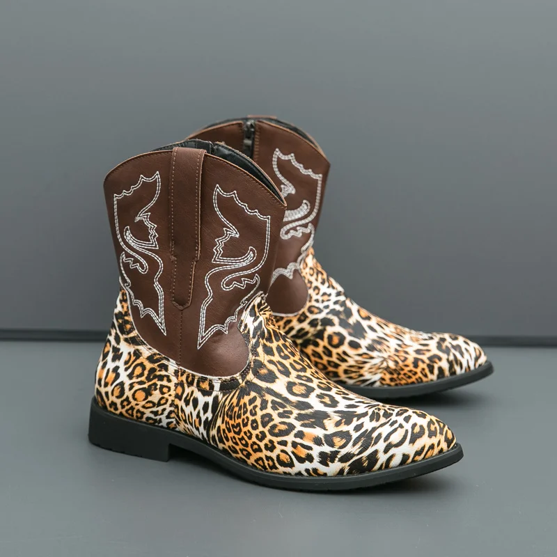 

Luxury Leopard Men's Boots Embroidered Cowboy Boots Man Retro Pointed-top Western Boots for Men Plus Size 38-46 botas masculino