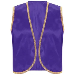 Mens Festival Vest Arab Prince East Sultan Cosplay Outfits Open Front Jacket Gold Border Halloween Arabian Role Playing Costume