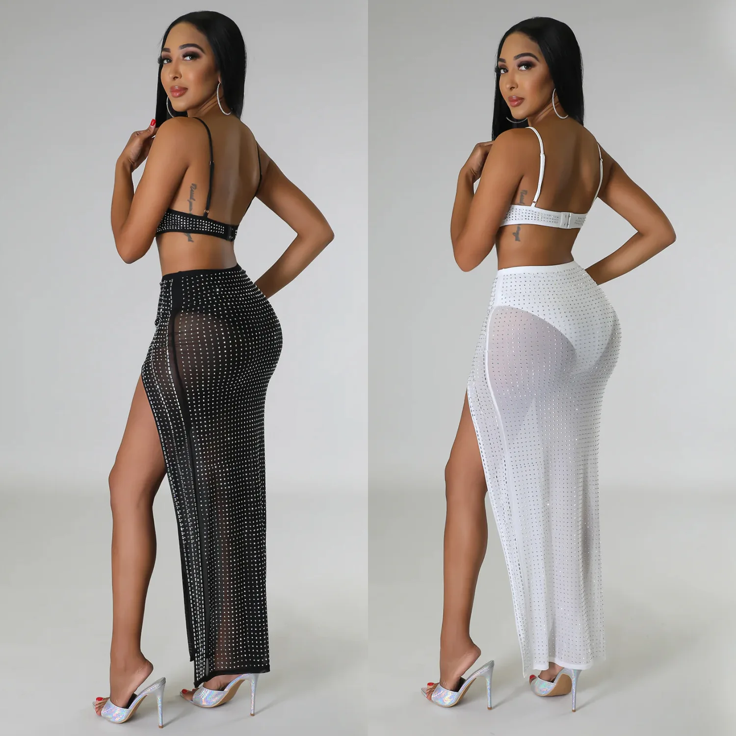 Summer Rhinestone 2 Piece Skirt Sets Sexy Crop Top Club Wear Outfit 2023 Y2K Streetwear Fashion Dress Sexy Two Piece Set Clothes