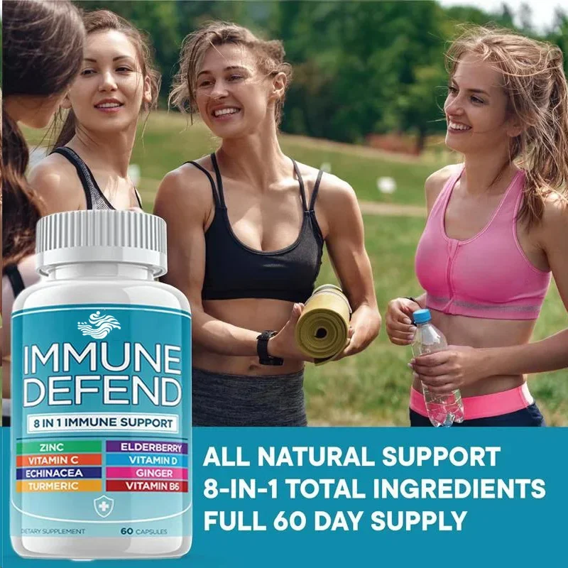 8-in-1 Immune Defense Support Containing 50 Milligrams Of Zinc, Vitamin C D3, Elderberry, Curcumin And Ginger, And Echinacea